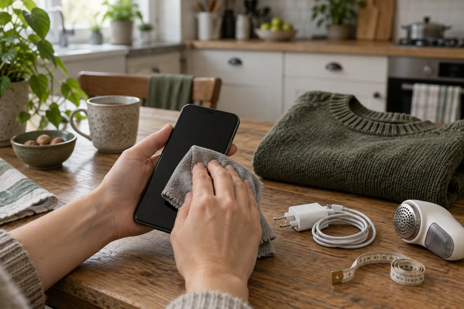 Ręce czyszczące ściereczką używany smartfon obok złożonego swetra i ładowarki na drewnianym stole