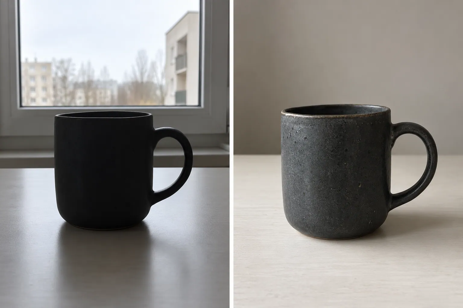 Ten sam ciemny kubek sfotografowany pod światło i przy miękkim świetle z boku.
