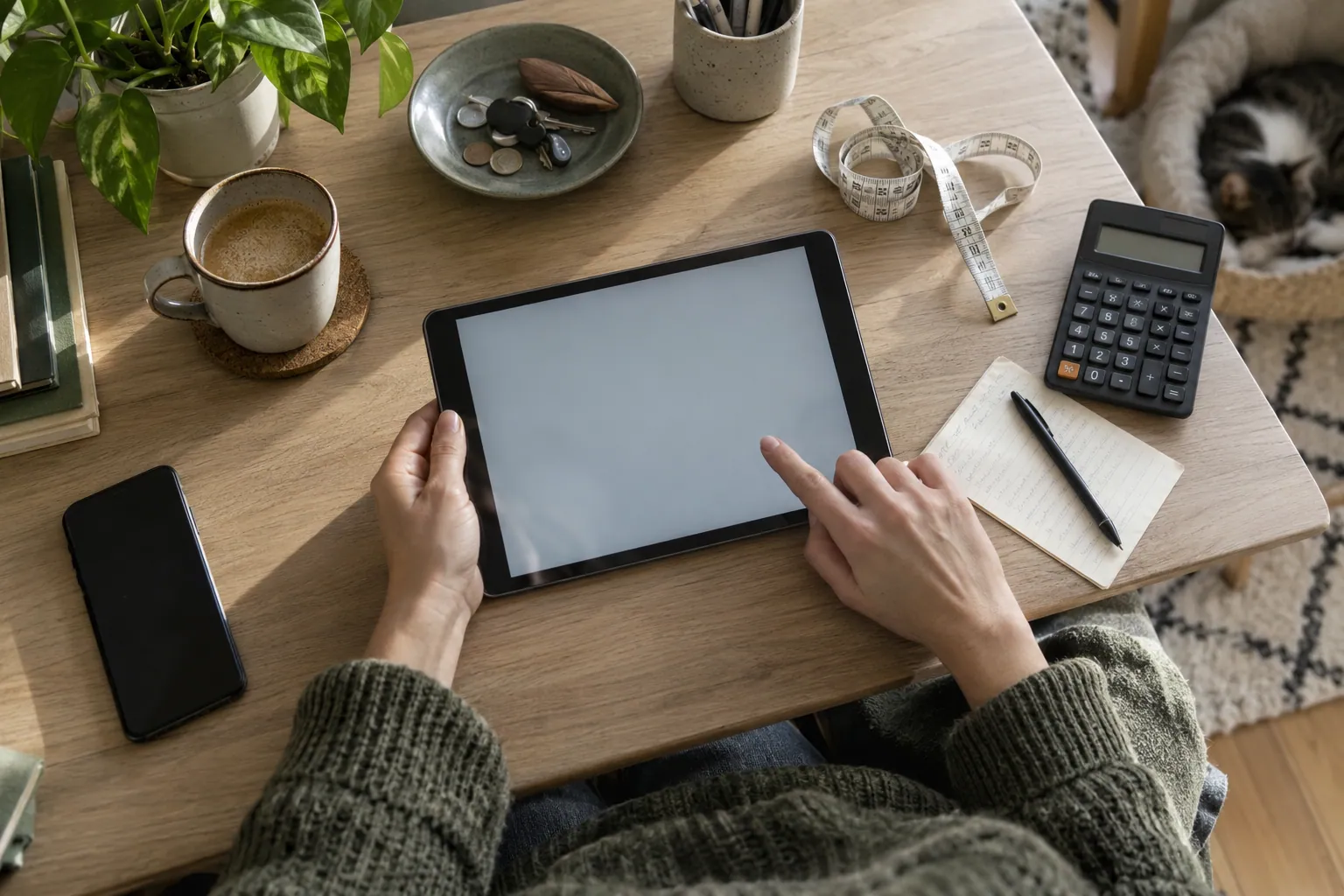 Dłonie sprawdzają używany tablet, kalkulator i miarkę, szukając powodu, dlaczego nie mogę sprzedać rzeczy
