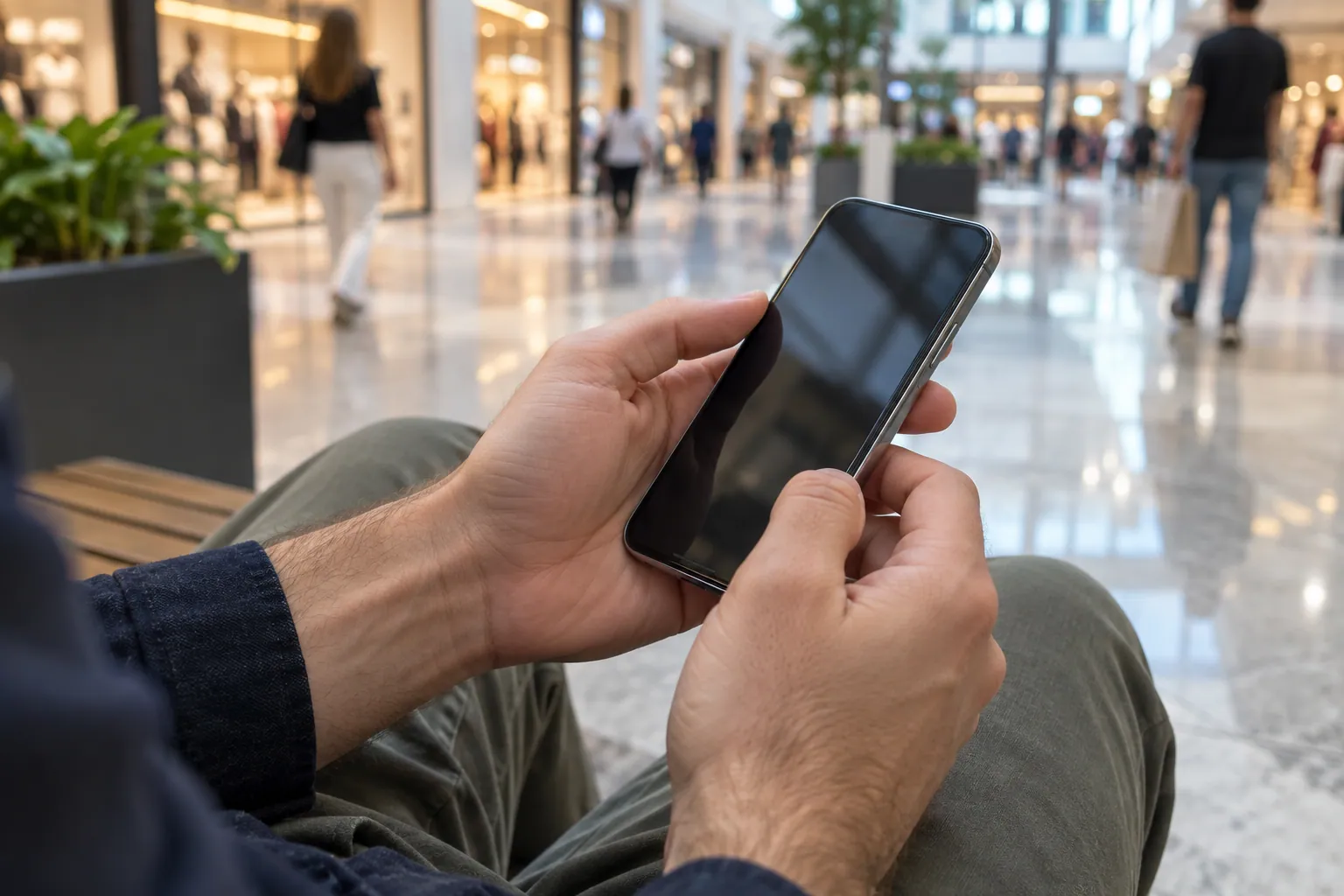 Bezpieczny odbiór osobisty używanego telefonu w jasnej galerii handlowej