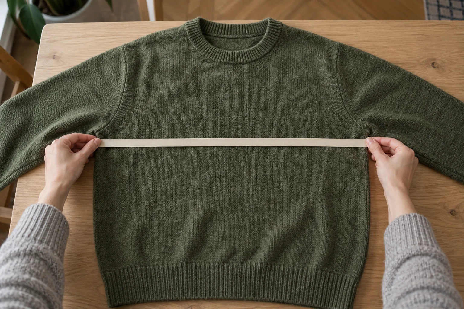 Oliwkowy sweter ułożony na płasko z miarką poprowadzoną między pachami na drewnianym stole.