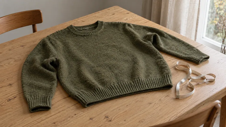Używany sweter wełniany w oliwkowym kolorze leży na drewnianym stole obok miarki.